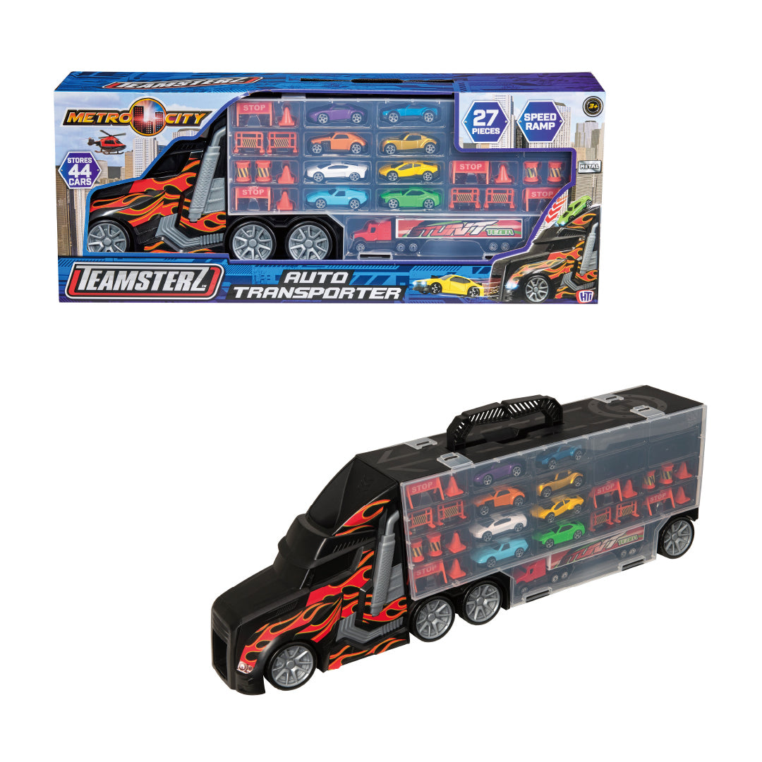 Camion Giocattolo Trasportatore di Auto a Frizione con Luci, Suoni e Rampa, Include 4 Auto in Plastica Camion Giocattolo Trasportatore di Auto a Frizione con Luci, Suoni e Rampa, Include 4 Auto in Plastica