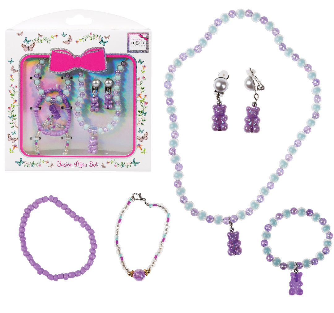 Lukky Fashion Bijou Set with 3 Bracelets, Necklace with Charm, Ear Clips Gummy Bears